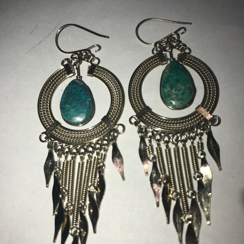 Malachite and wrought german silver earrings.
